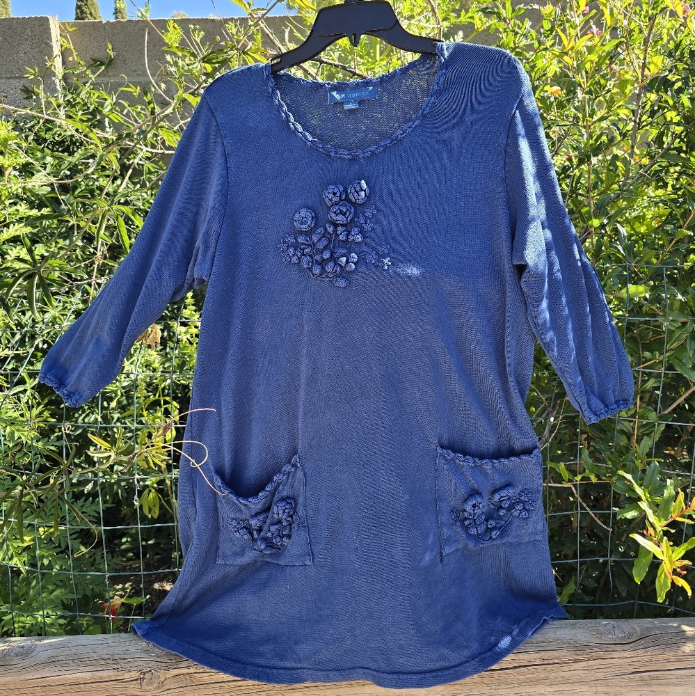 April Cornell Blue Tunic with Floral Embellishments